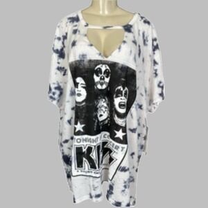 The Vinyl Icons 3X Black White  70s Rock Band KISS Graphic T-Shirt Cutout V-Neck